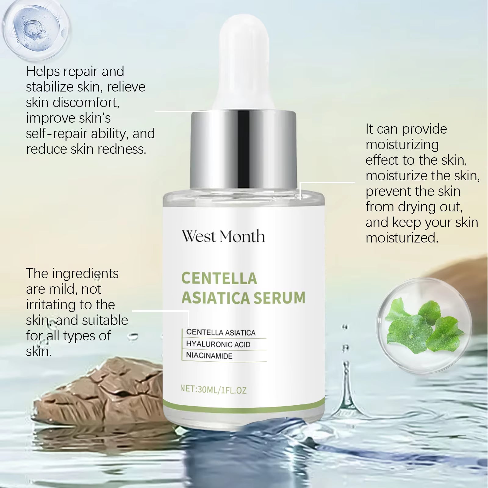 Centella Asiatica Facial Serum Moisturizing Nourish Repairing Dry Skin Smoothing Rejuvenation Soothing Brightening Beauty Health